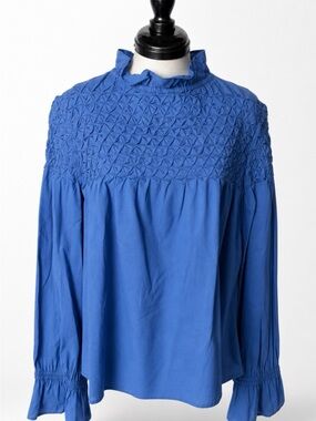 Merlette Majorelle Smocked Ruffle Neck Cotton Blouse, Blue, XS (oversized), EUC